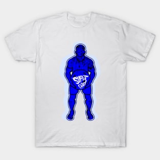 lifting weights with super dad typography in blue T-Shirt